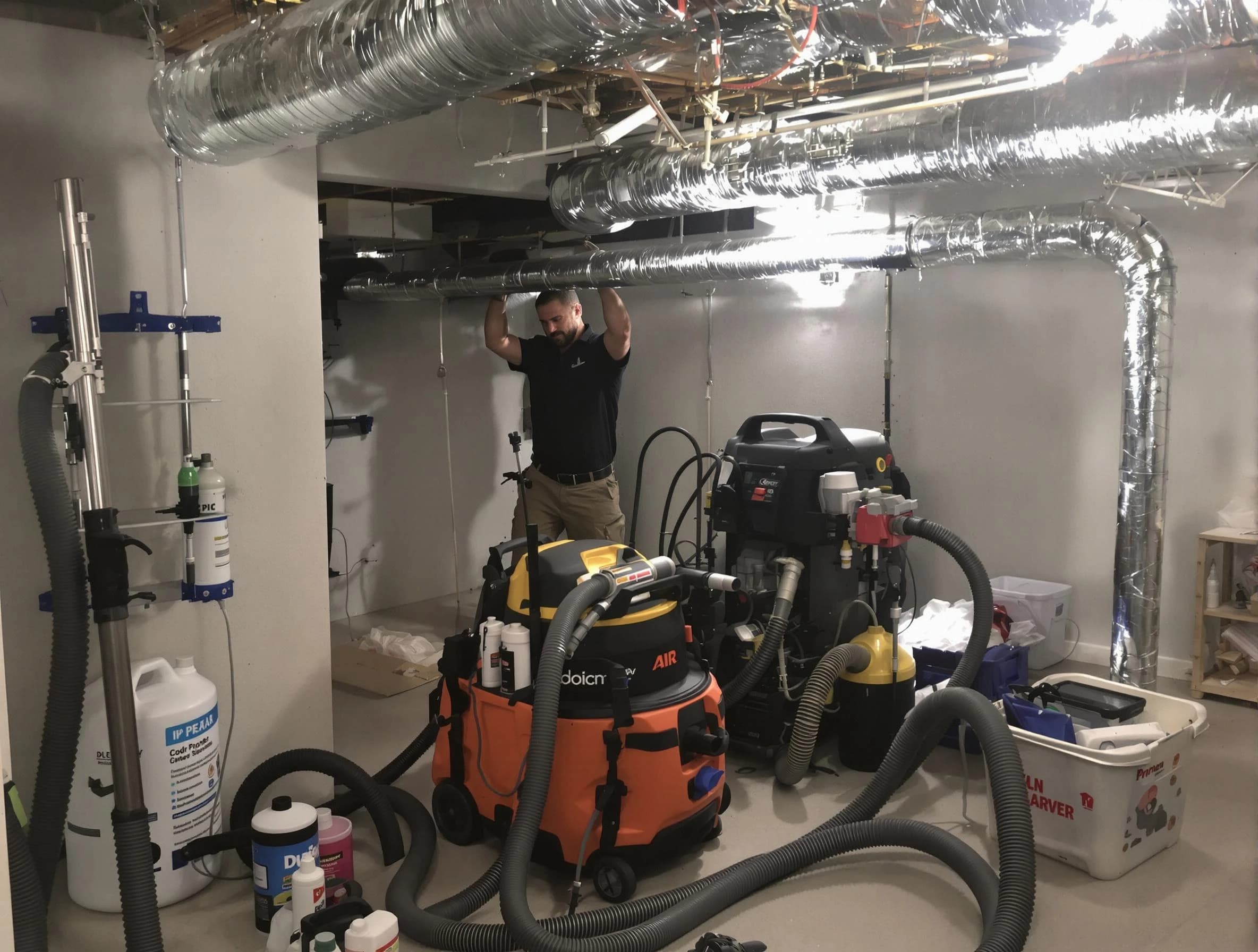 East Providence Air Duct Cleaning specialist performing professional mold removal from air ducts using safety equipment in East Providence