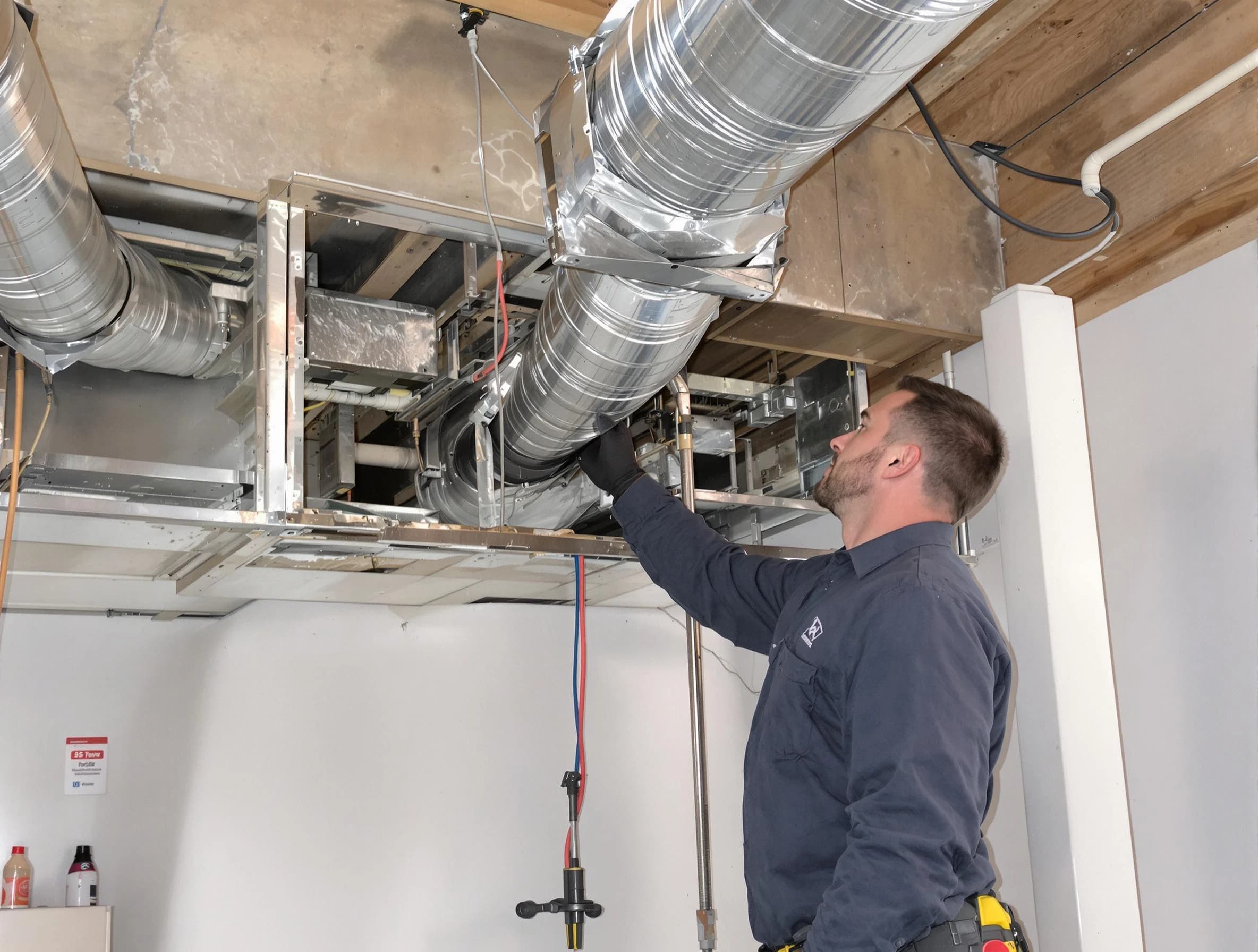 East Providence Air Duct Cleaning technician performing professional air duct repair using specialized tools in East Providence